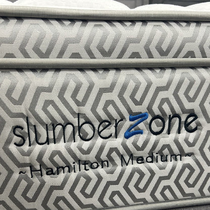 Hamilton Medium mattress side panel with embroidered Slumber Zone logo